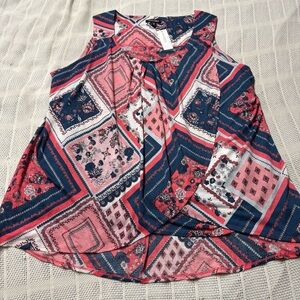 Roz & Ali Pink & Navy Geometric Patchwork Tank Top with Draped Front